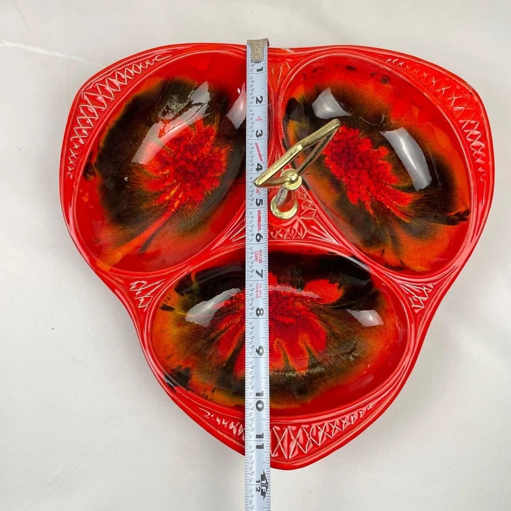 California Original Pottery Vintage MCM Red Orange Relish Tray Platter 3 Section